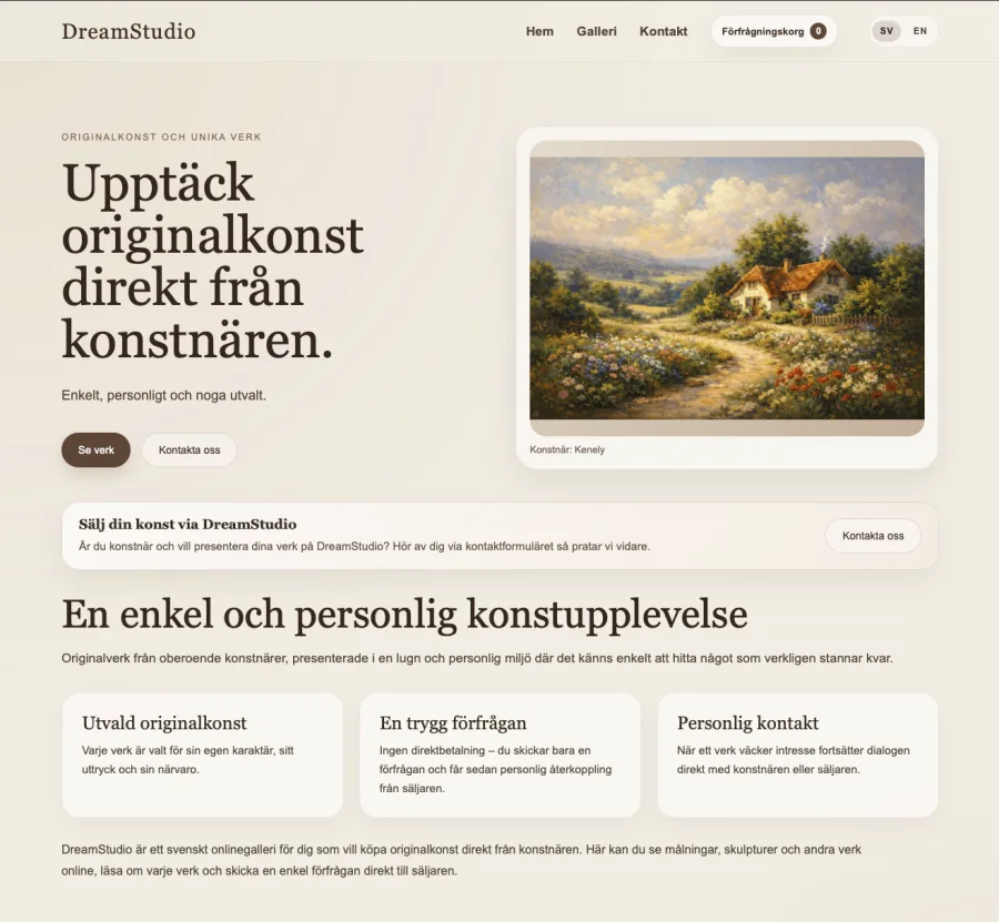 Startsida för DreamStudio konstportal